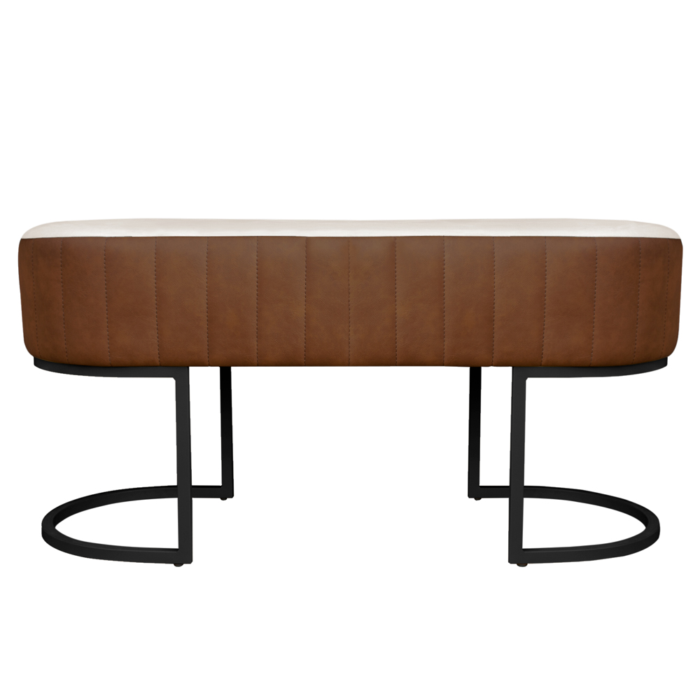 Banco Recamier Estofado Luana Base Preta Veludo Bege/Pu Caramelo - Montanaris Decor