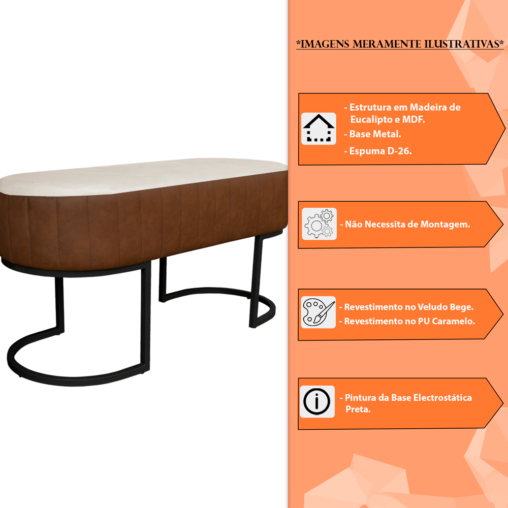 Banco Recamier Estofado Luana Base Preta Veludo Bege/Pu Caramelo - Montanaris Decor