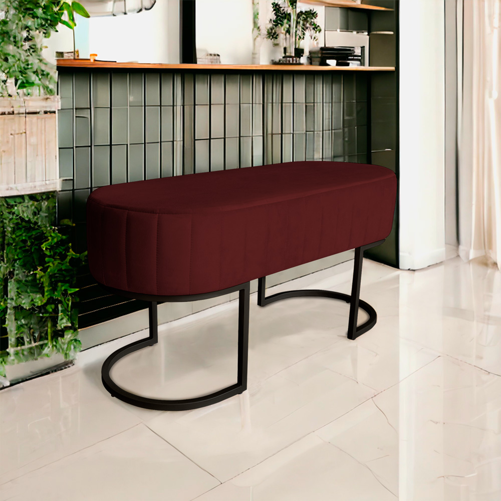 Banco Recamier Estofado Luana Base Preta Veludo Bordô - Montanaris Decor