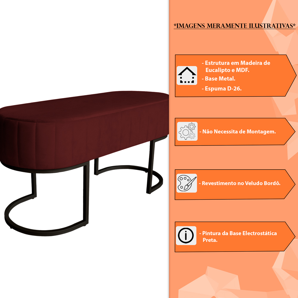 Banco Recamier Estofado Luana Base Preta Veludo Bordô - Montanaris Decor