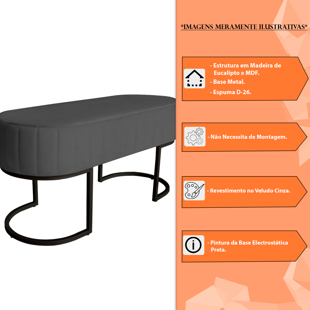 Banco Recamier Estofado Luana Base Preta Veludo Cinza - Montanaris Decor