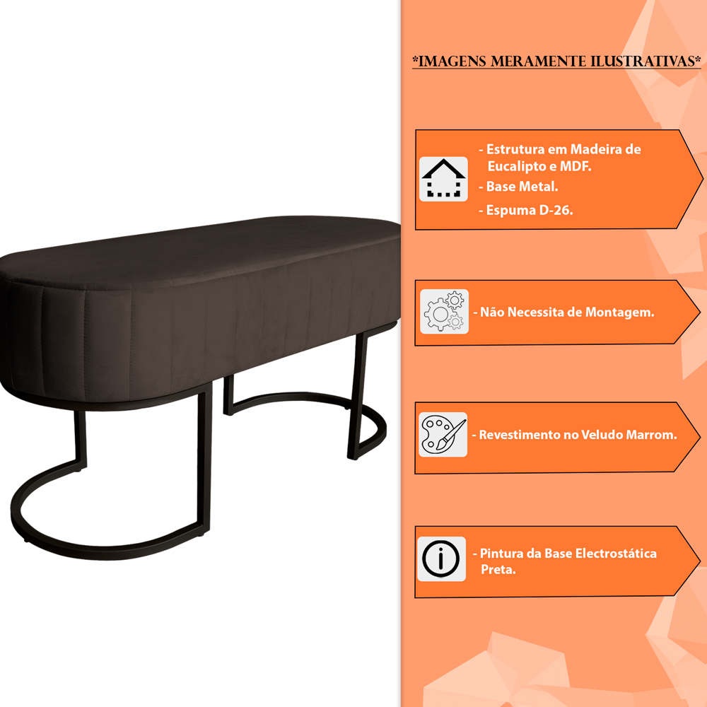 Banco Recamier Estofado Luana Base Preta Veludo Marrom - Montanaris Decor