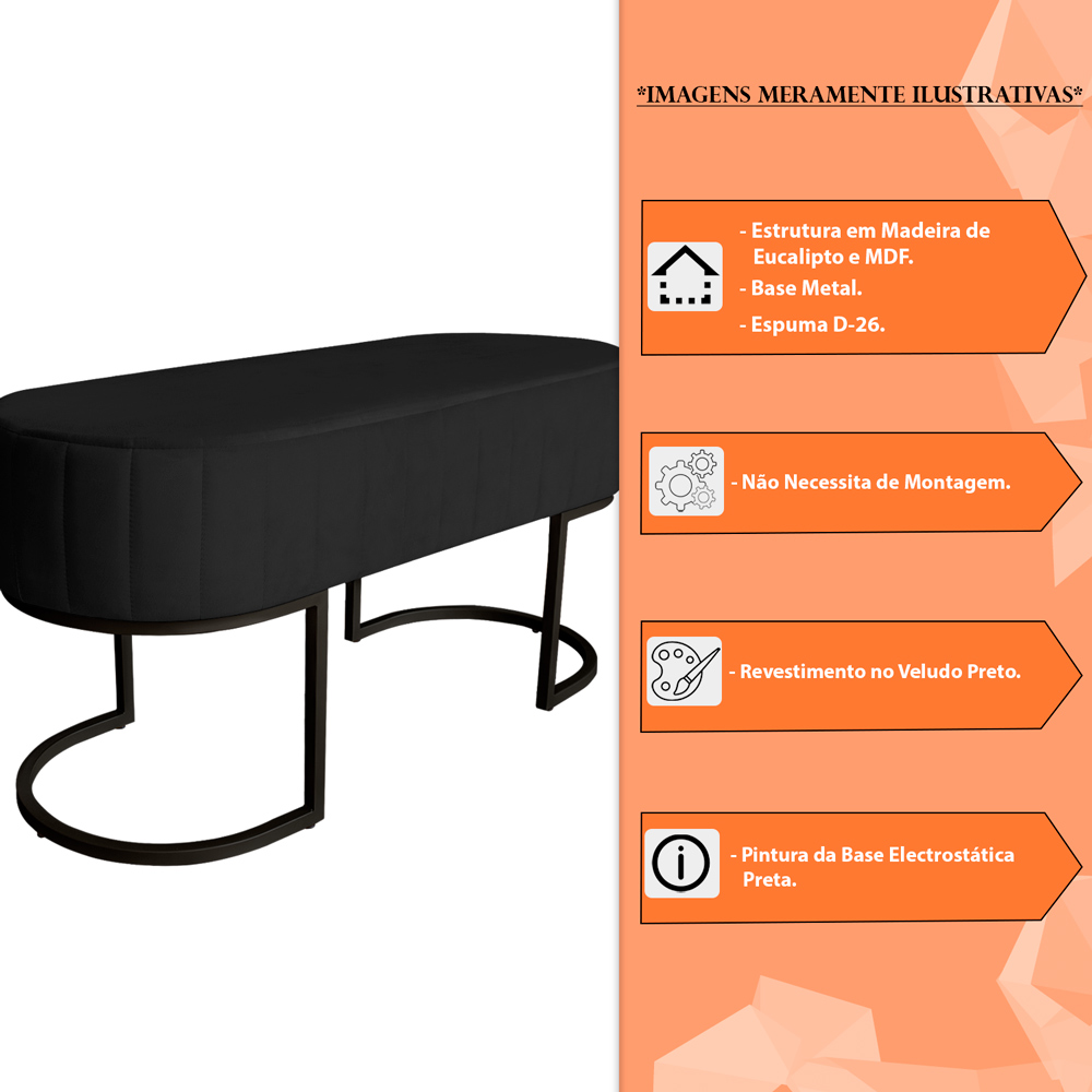 Banco Recamier Estofado Luana Base Preta Veludo Preto - Montanaris Decor
