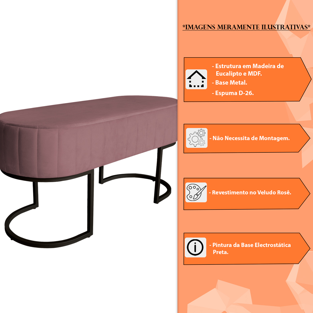 Banco Recamier Estofado Luana Base Preta Veludo Rosê - Montanaris Decor