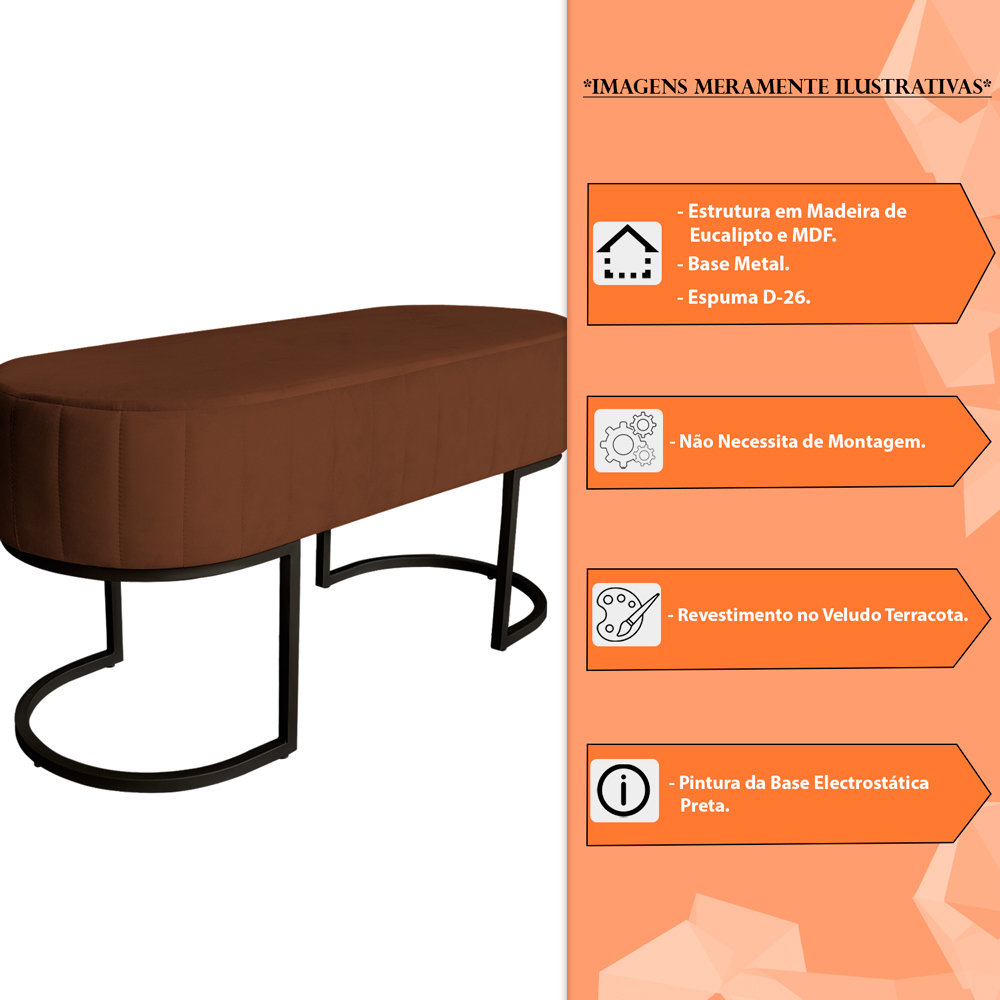 Banco Recamier Estofado Luana Base Preta Veludo Terracota - Montanaris Decor