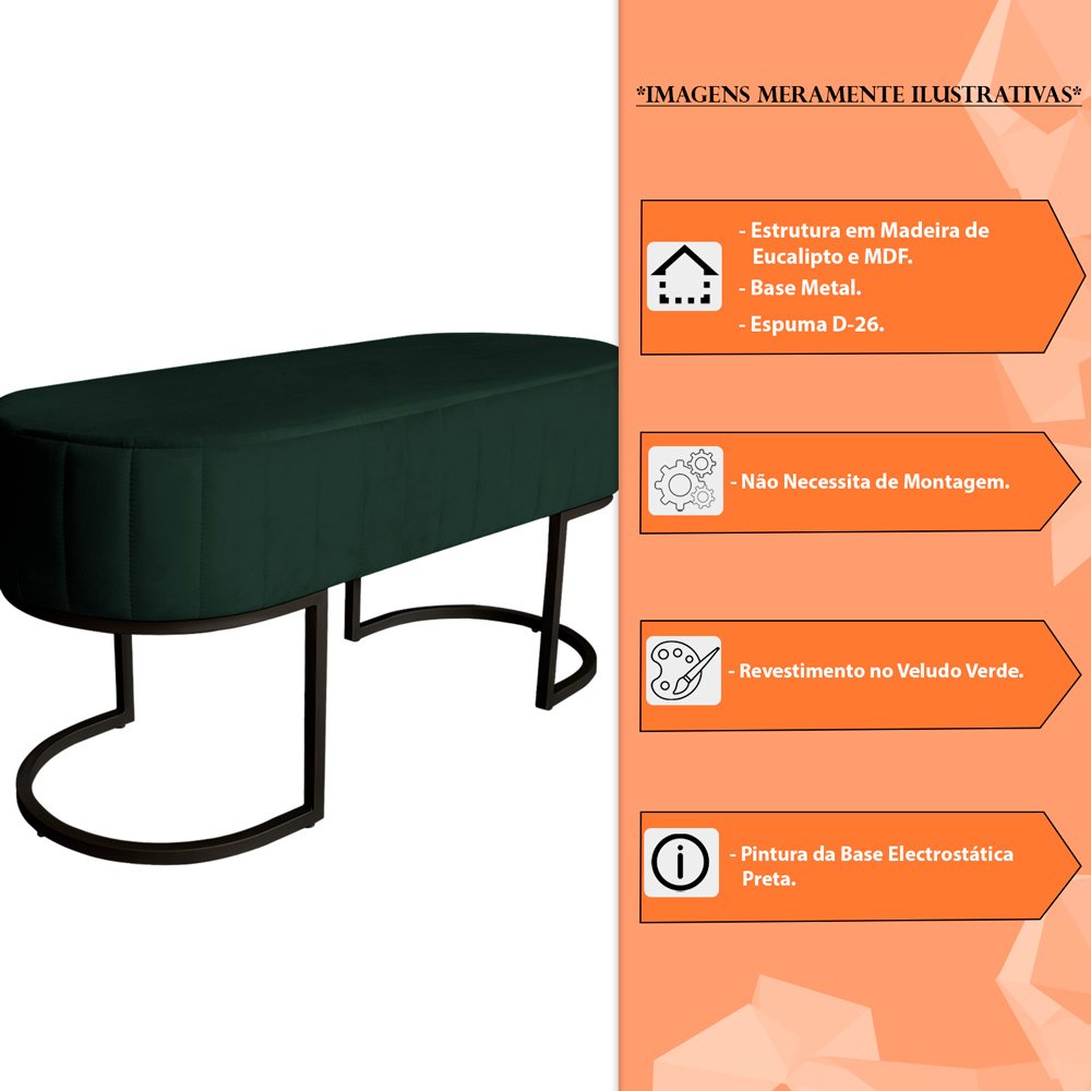 Banco Recamier Estofado Luana Base Preta Veludo Verde - Montanaris Decor