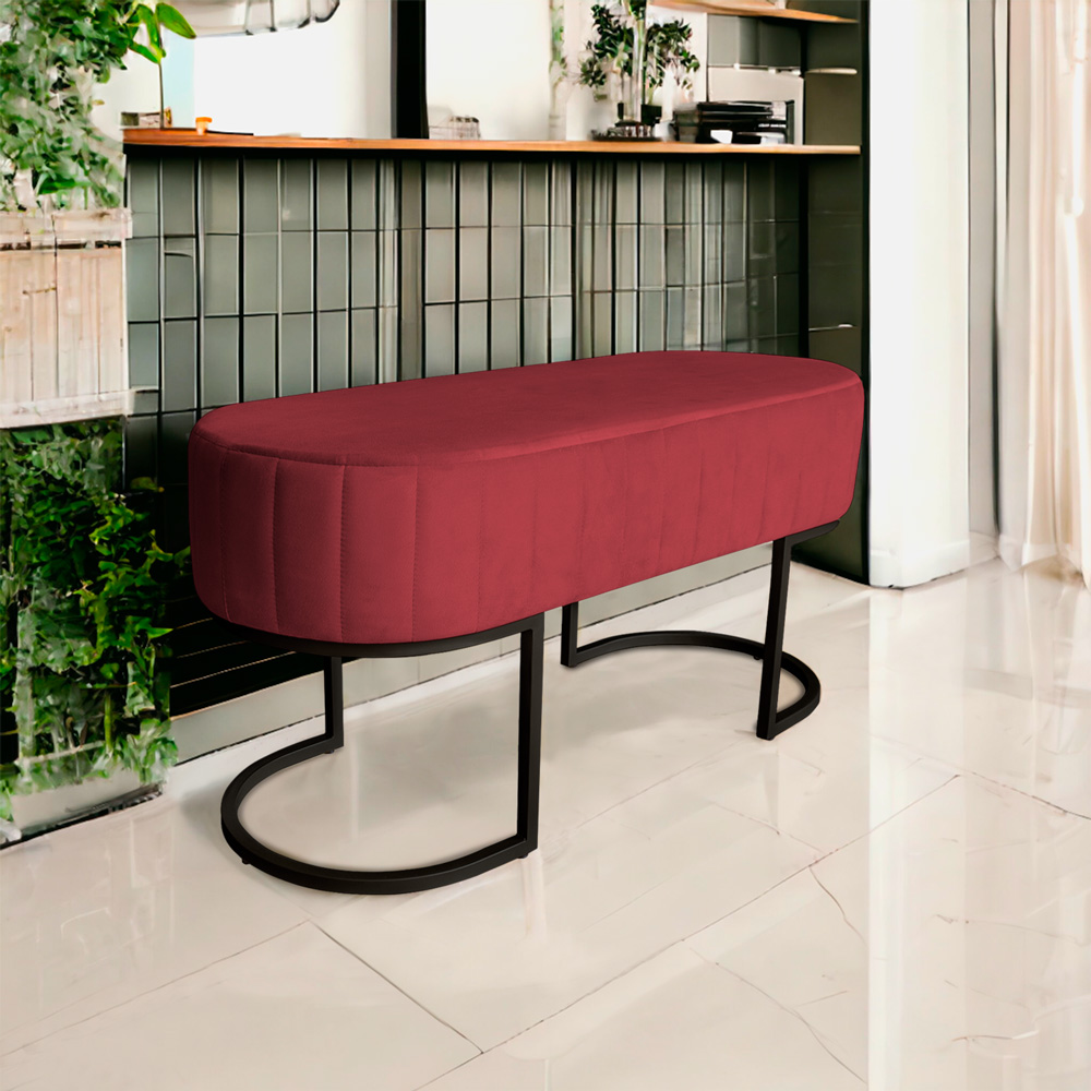 Banco Recamier Estofado Luana Base Preta Veludo Vermelho - Montanaris Decor