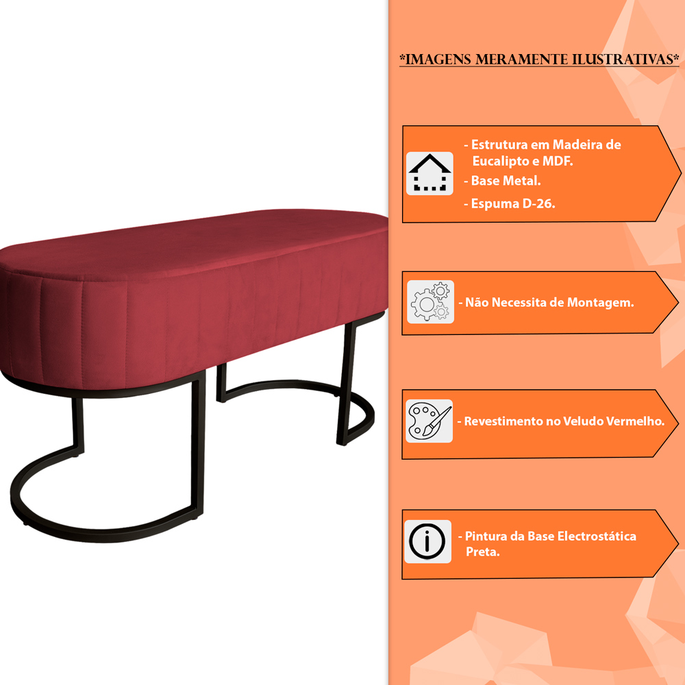 Banco Recamier Estofado Luana Base Preta Veludo Vermelho - Montanaris Decor