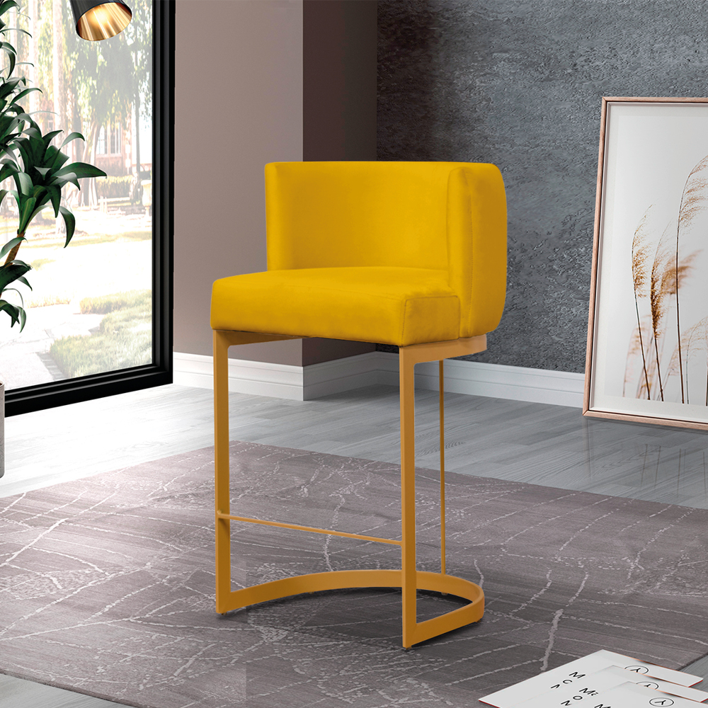 Banqueta Estofada Emily Base Gold Veludo Amarelo - Montanaris Decor