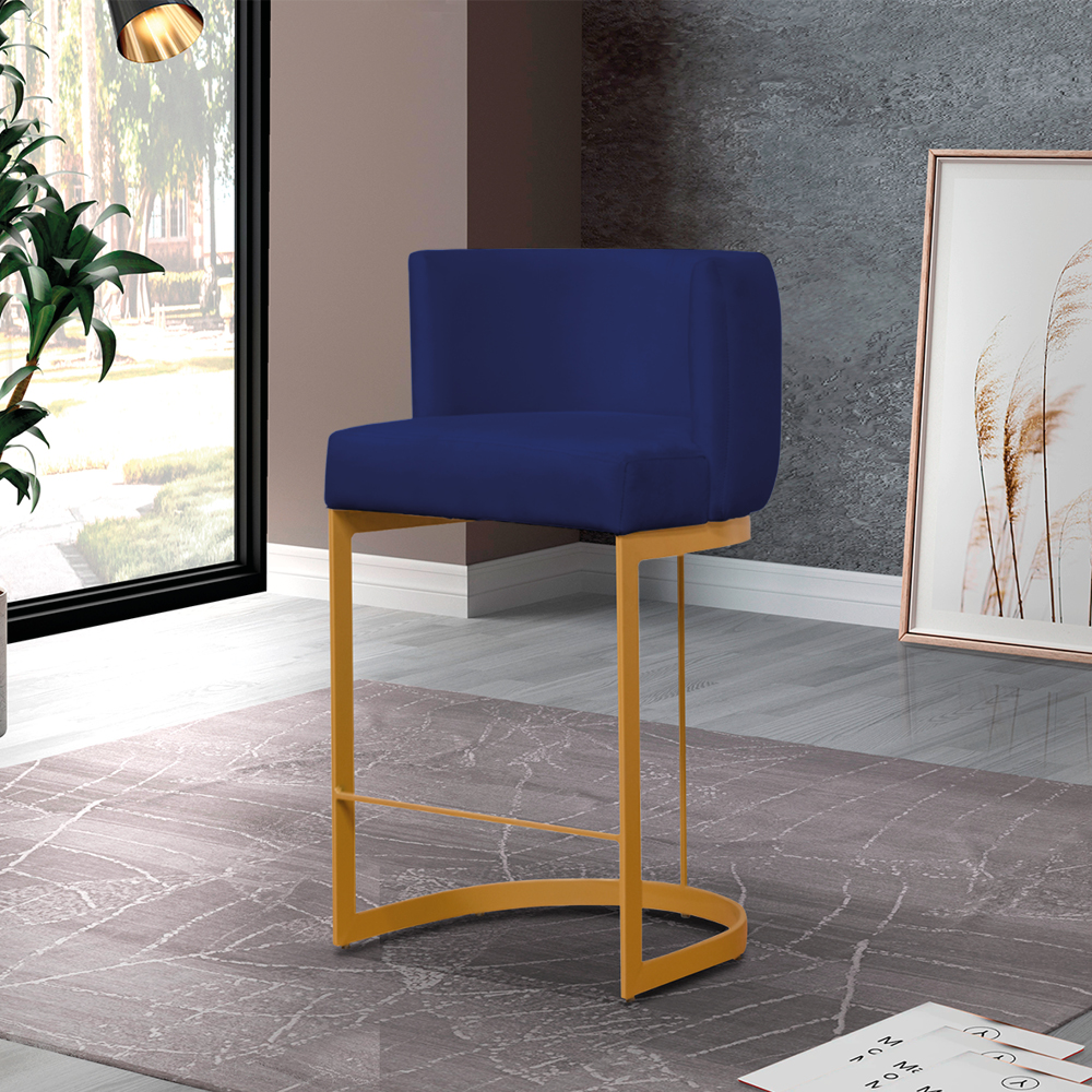 Banqueta Estofada Emily Base Gold Veludo Azul Marinho - Montanaris Decor