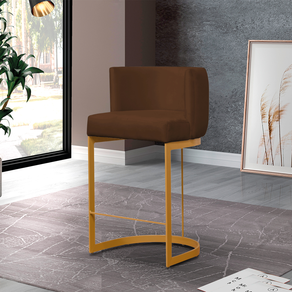 Banqueta Estofada Emily Base Gold Veludo Marrom - Montanaris Decor