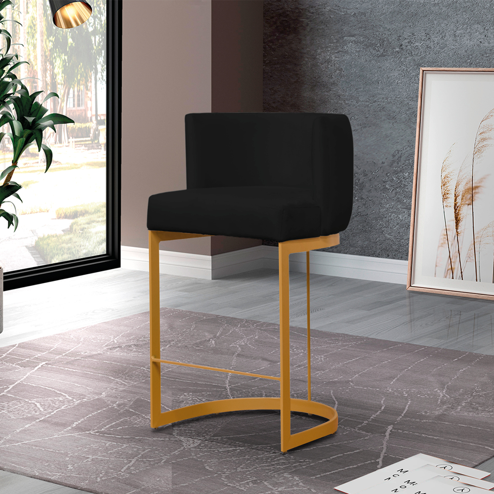 Banqueta Estofada Emily Base Gold Veludo Preto - Montanaris Decor