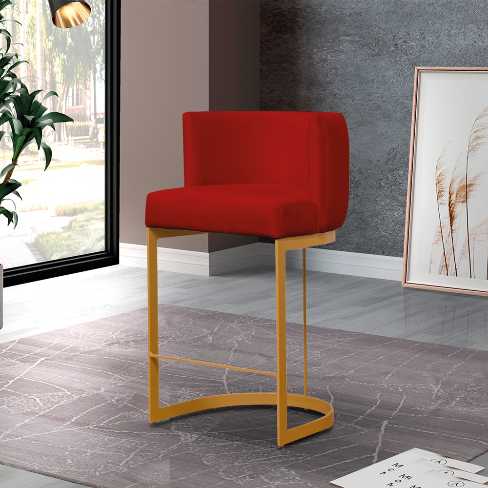 Banqueta Estofada Emily Base Gold Veludo Vermelho - Montanaris Decor