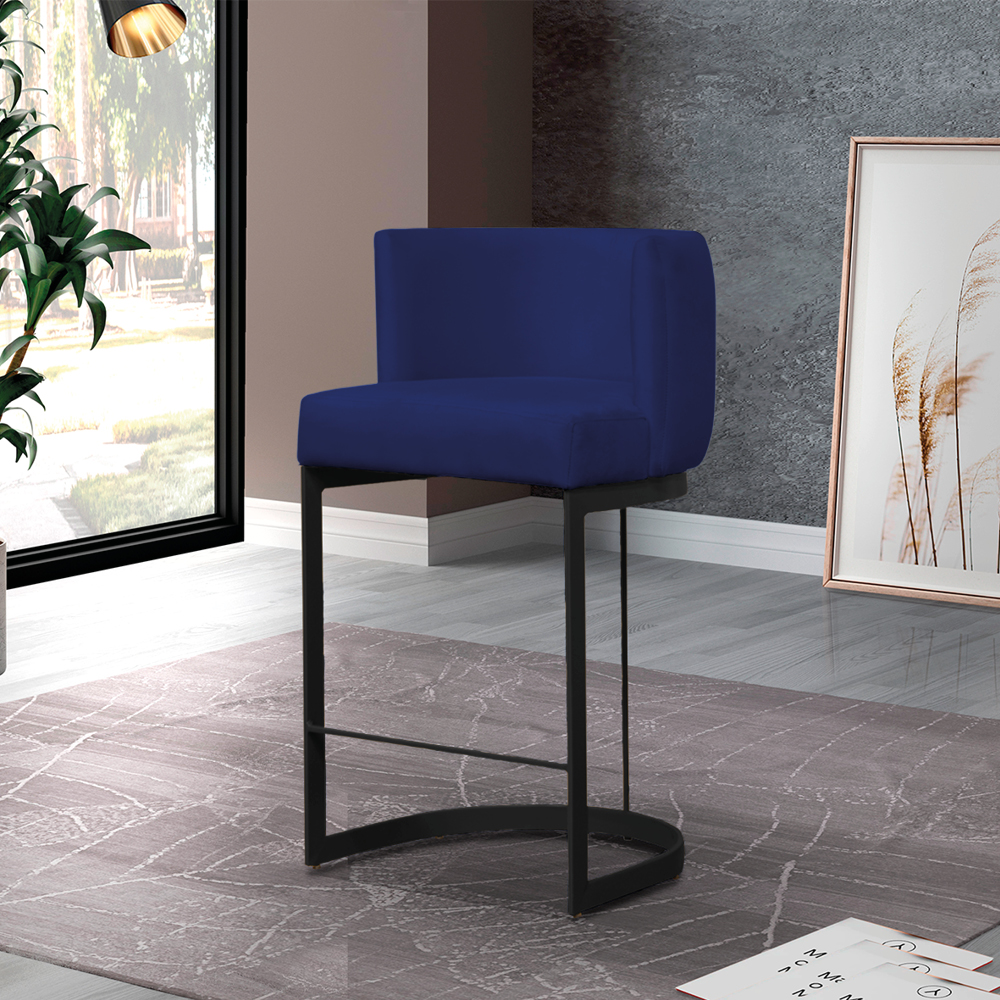 Banqueta Estofada Emily Base Preto Veludo Azul Marinho - Montanaris Decor