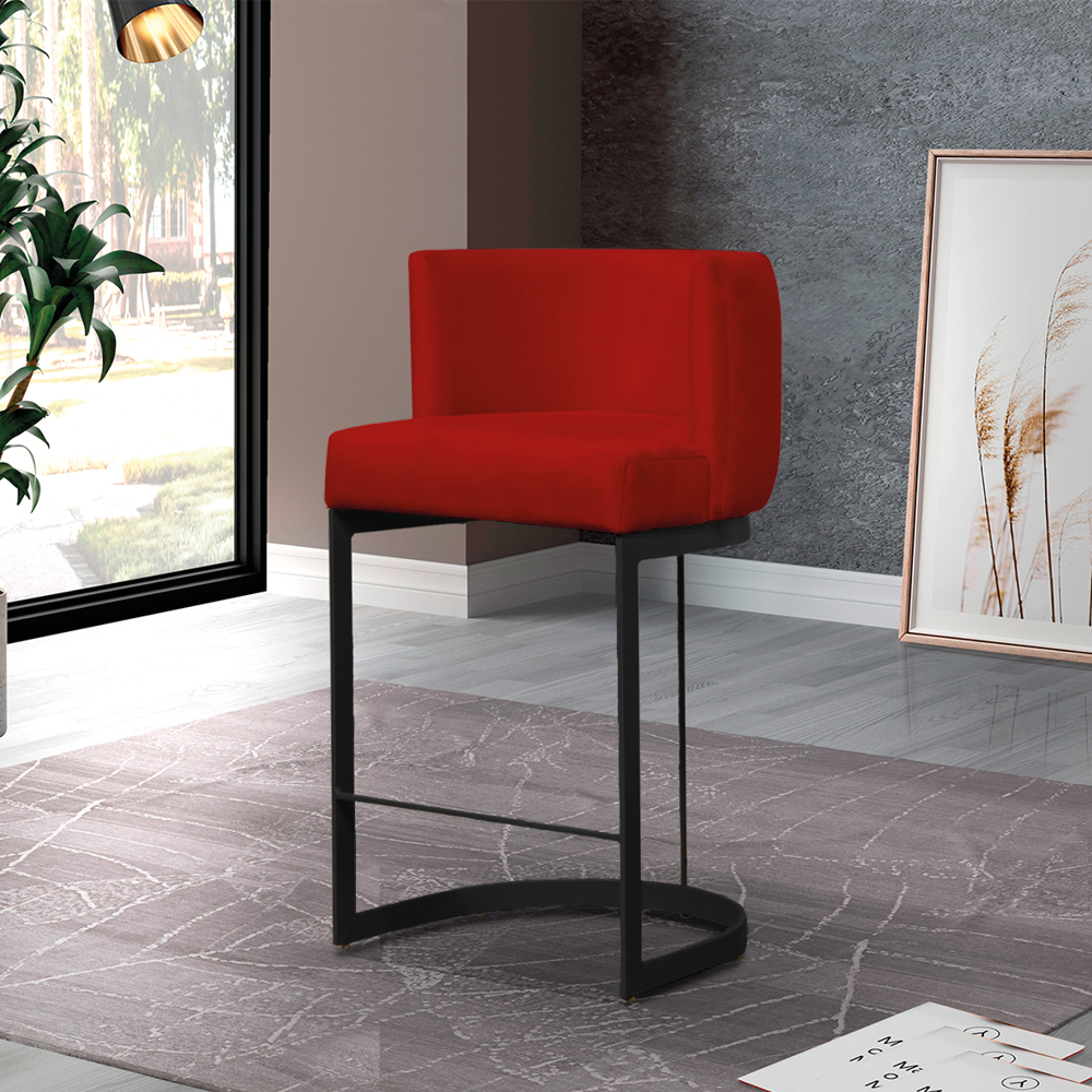 Banqueta Estofada Emily Base Preto Veludo Vermelho - Montanaris Decor