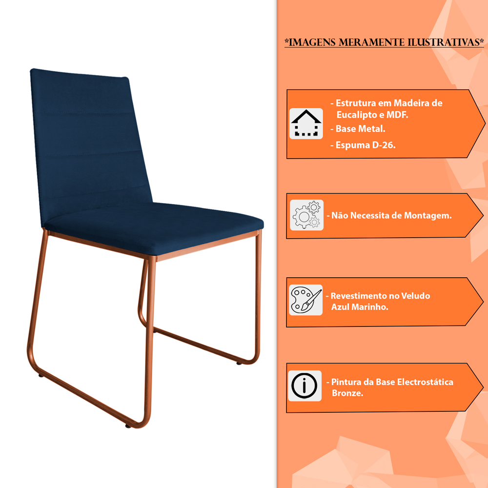 Cadeira de Jantar Estofada Lille Base Bronze Veludo Azul Marinho - Montanaris Decor