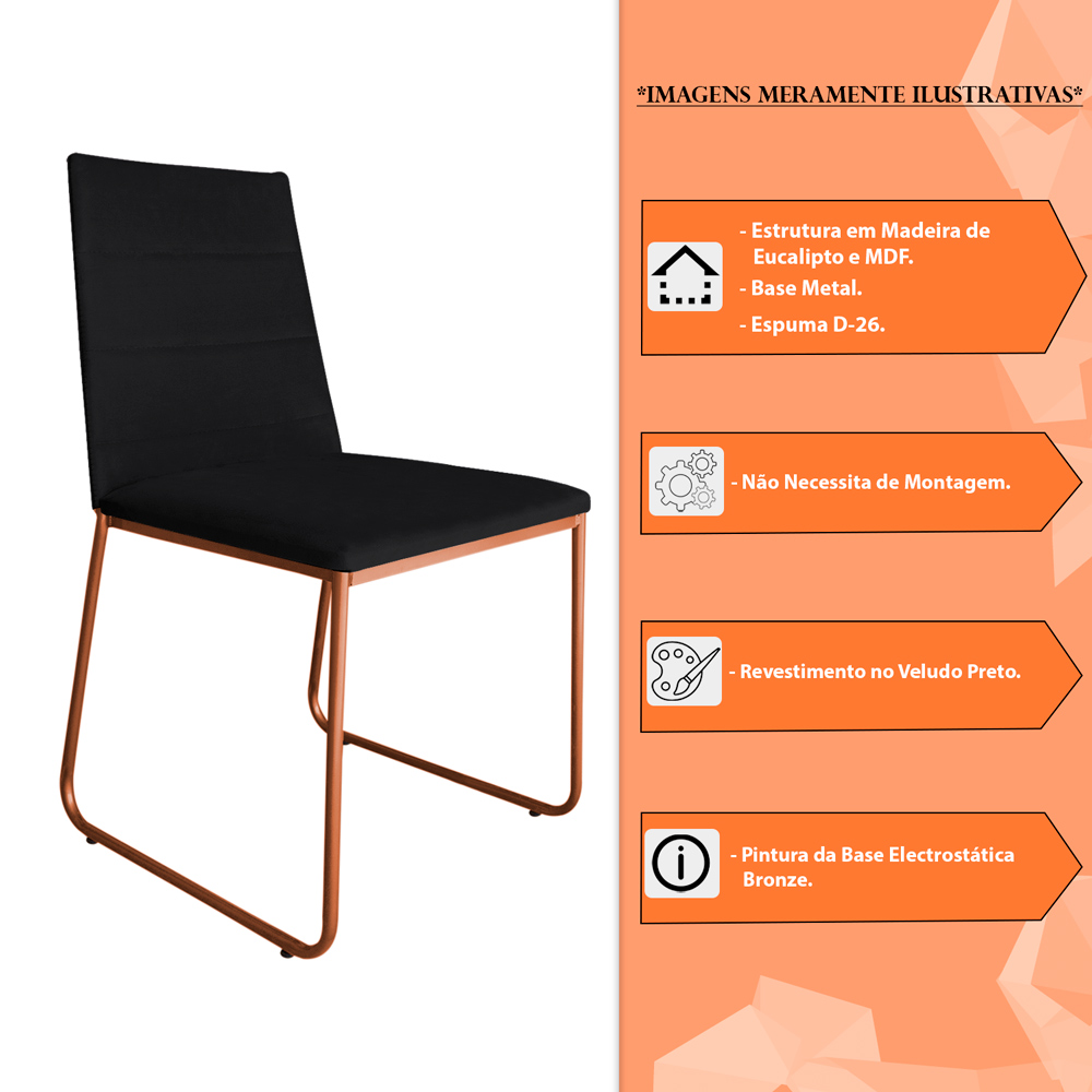 Cadeira de Jantar Estofada Lille Base Bronze Veludo Preto - Montanaris Decor