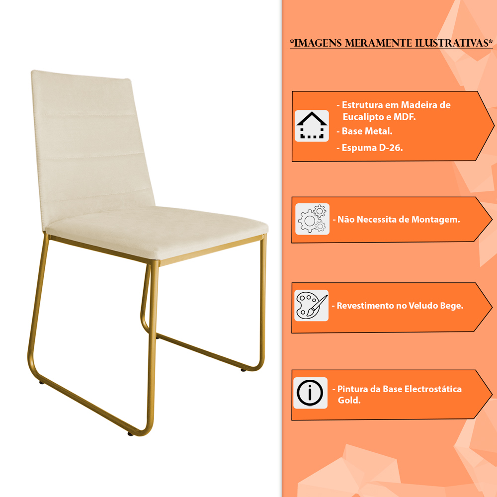Cadeira de Jantar Estofada Lille Base Gold Veludo Bege - Montanaris Decor