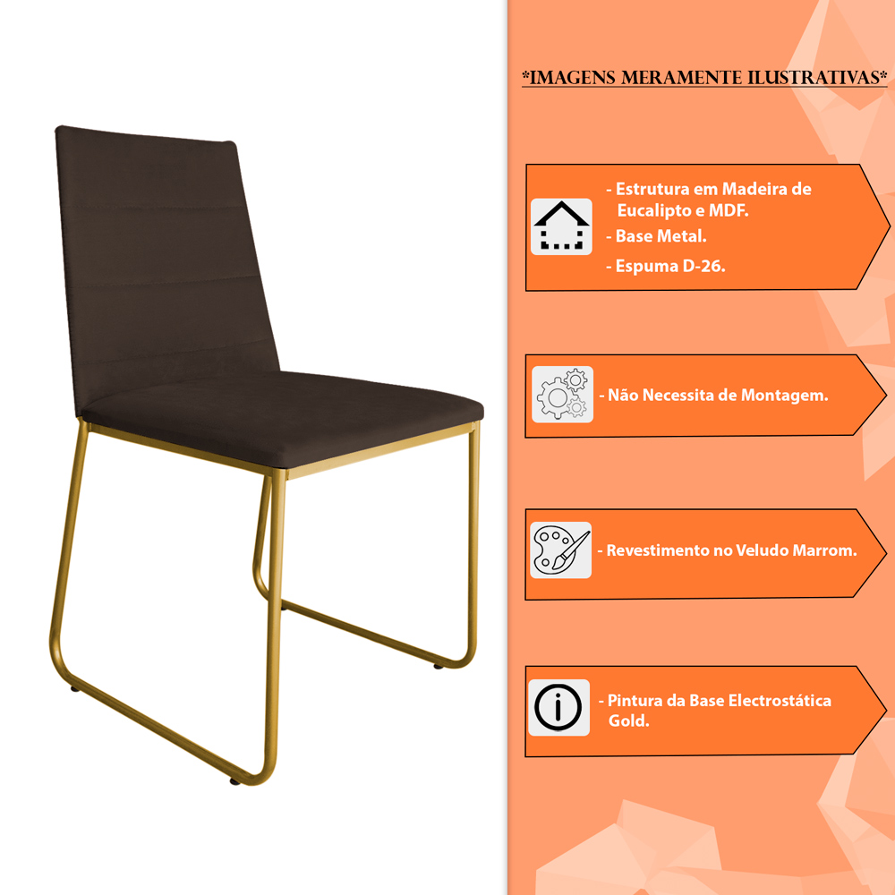Cadeira de Jantar Estofada Lille Base Gold Veludo Marrom - Montanaris Decor