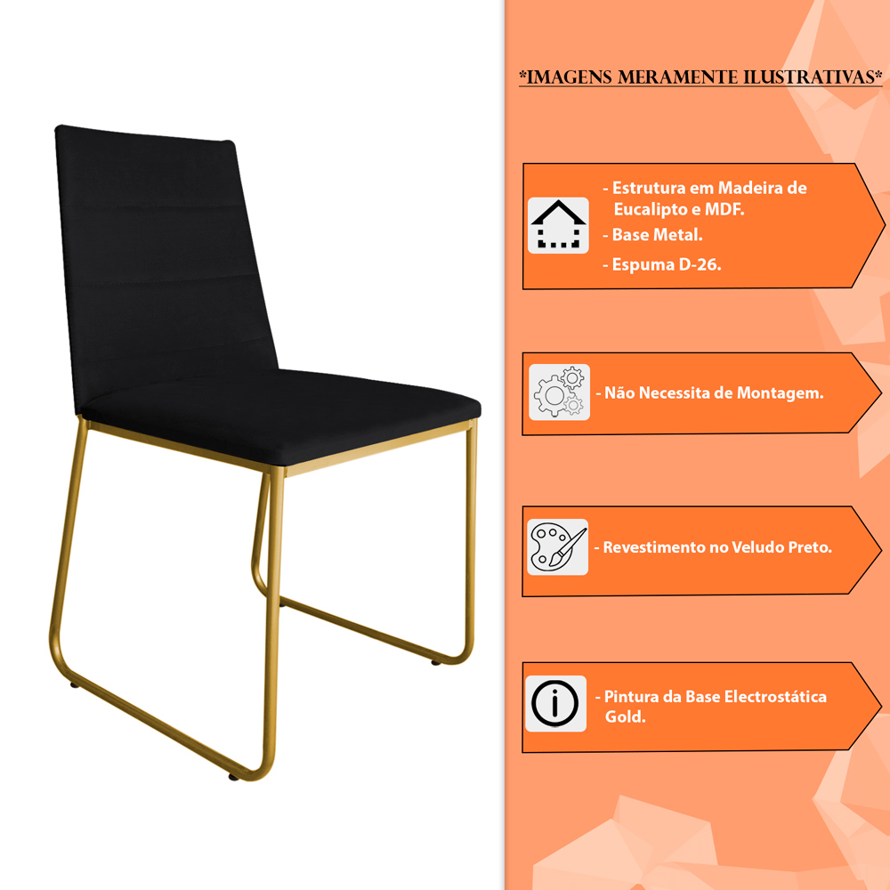 Cadeira de Jantar Estofada Lille Base Gold Veludo Preto - Montanaris Decor