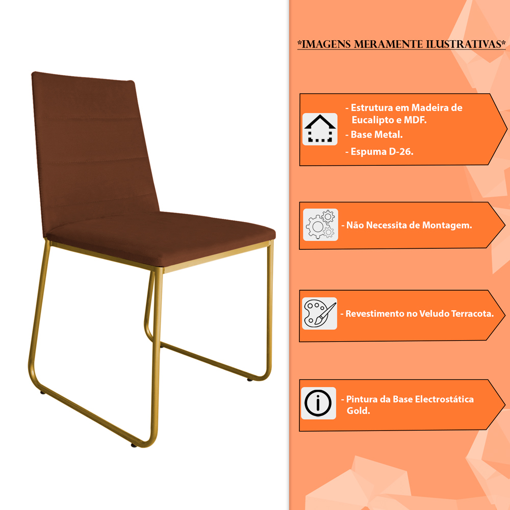 Cadeira de Jantar Estofada Lille Base Gold Veludo Terracota - Montanaris Decor