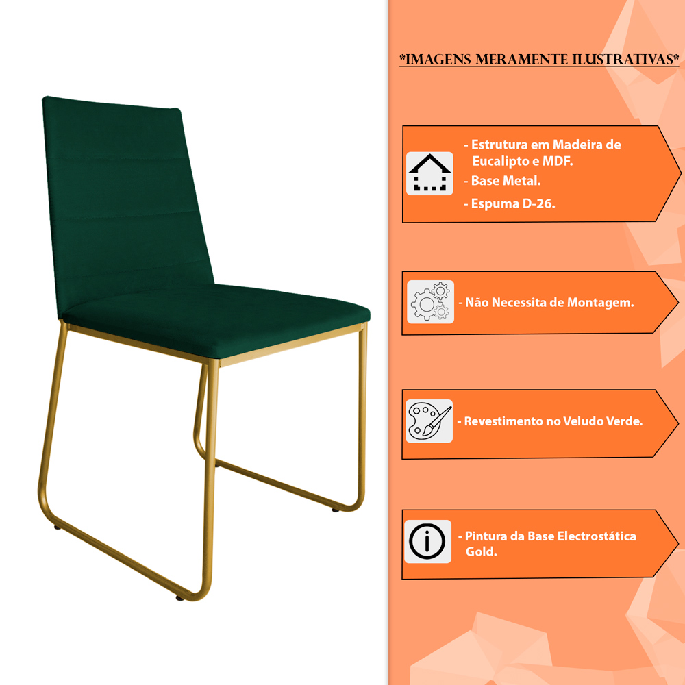 Cadeira de Jantar Estofada Lille Base Gold Veludo Verde - Montanaris Decor