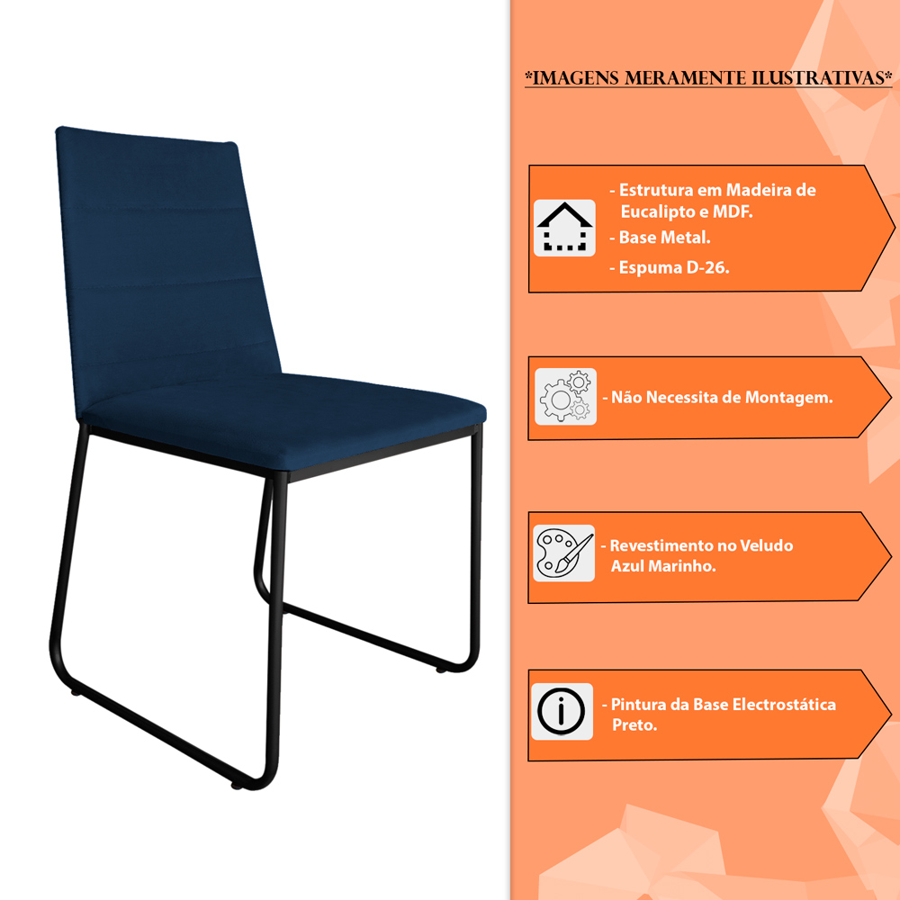 Cadeira de Jantar Estofada Lille Base Preta Veludo Azul Marinho - Montanaris Decor