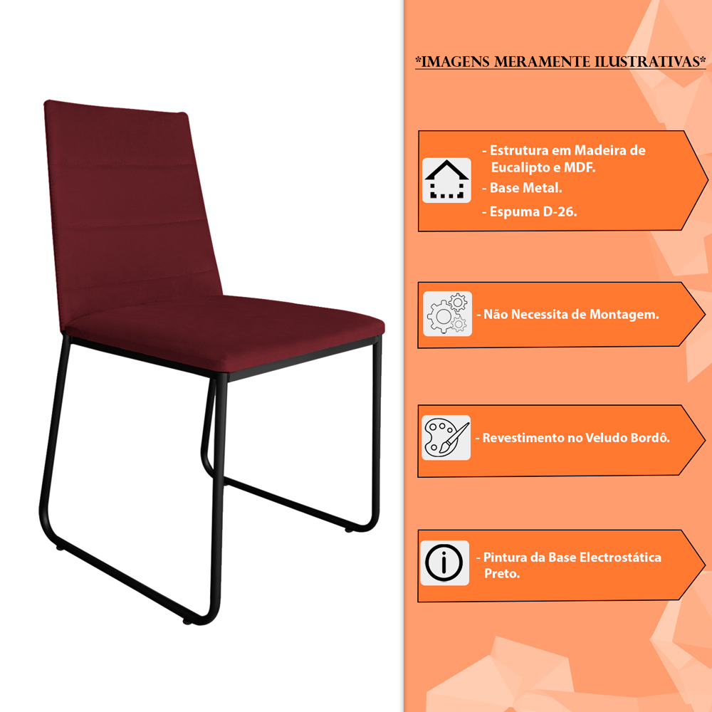 Cadeira de Jantar Estofada Lille Base Preta Veludo Bordô - Montanaris Decor