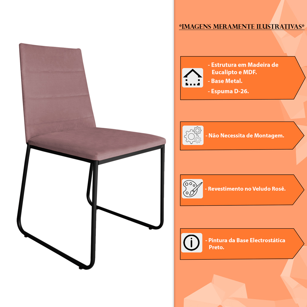 Cadeira de Jantar Estofada Lille Base Preta Veludo Rosê - Montanaris Decor