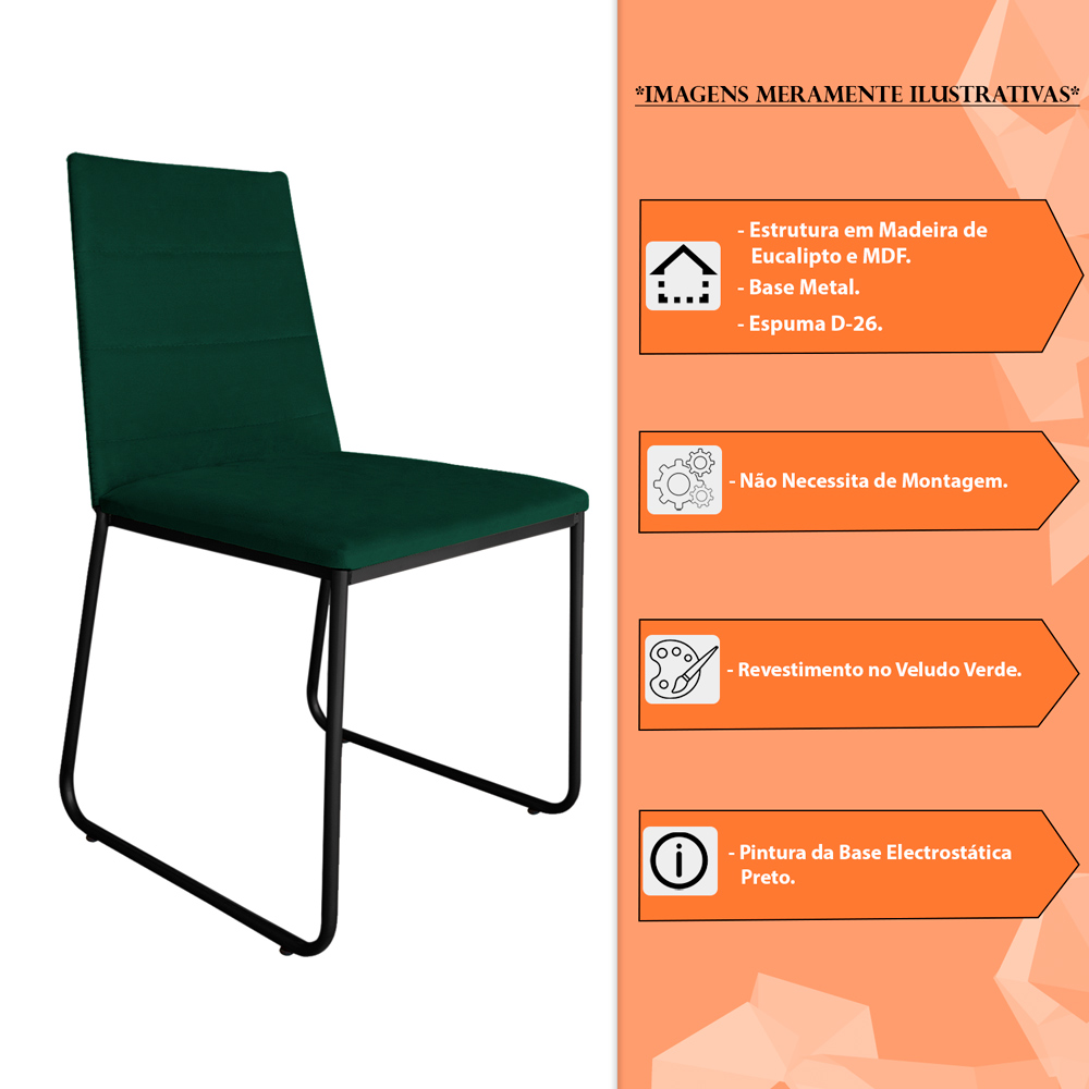 Cadeira de Jantar Estofada Lille Base Preta Veludo Verde - Montanaris Decor