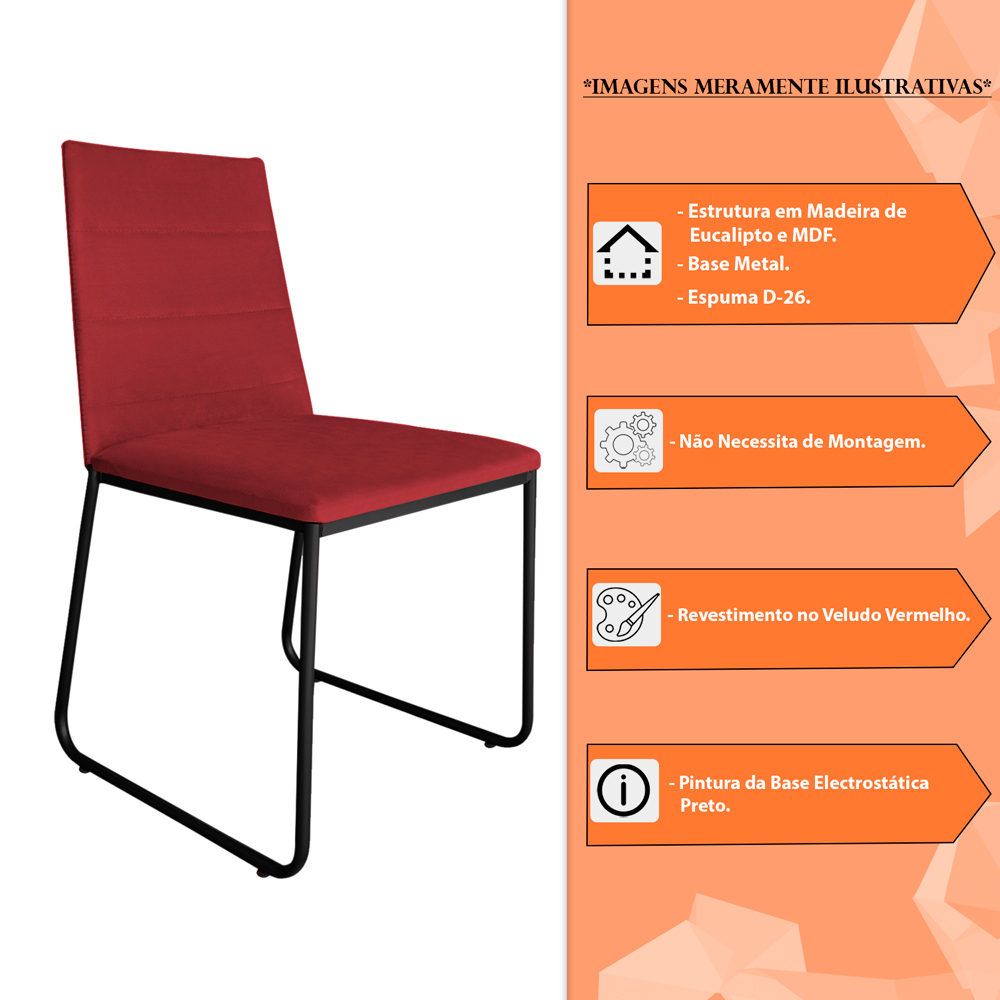 Cadeira de Jantar Estofada Lille Base Preta Veludo Vermelho - Montanaris Decor