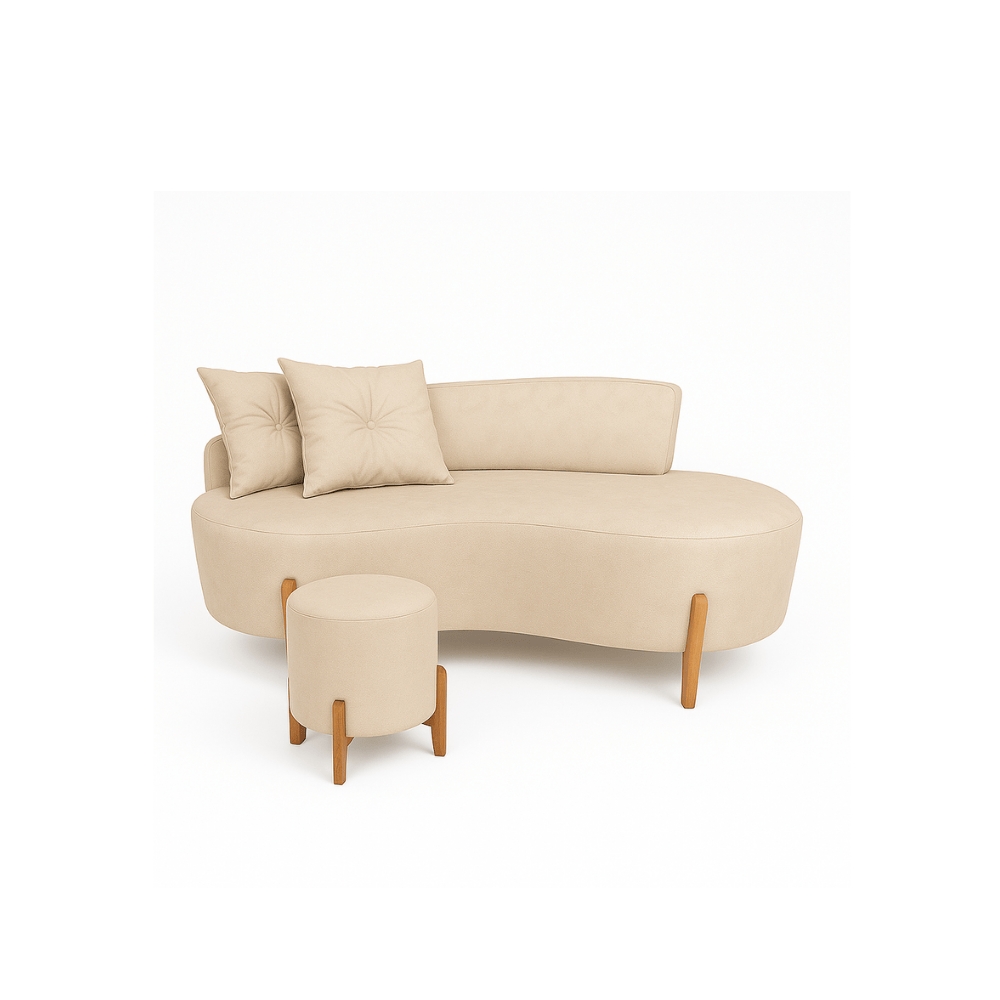 Conjunto  Sofá Curvo Orgânico + 01 Puff  Luna Boucle Bege - Montanaris Decor
