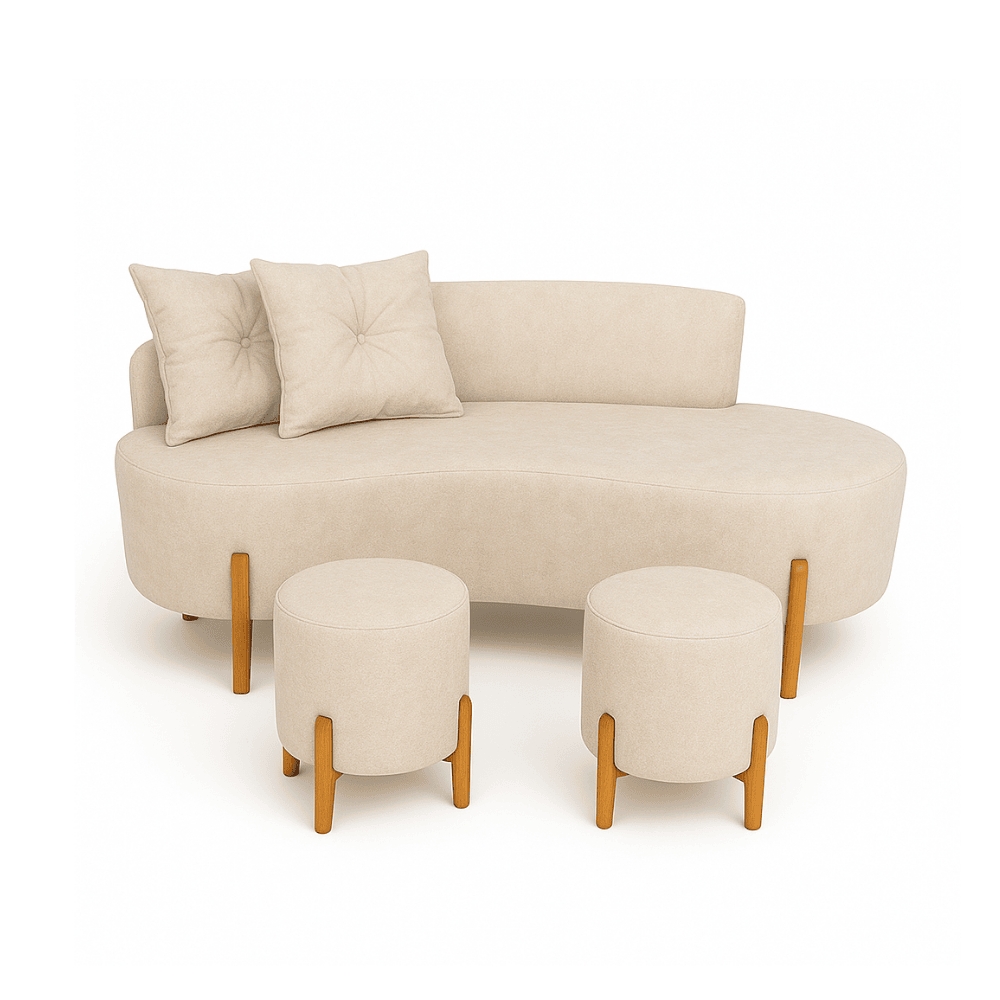 Conjunto  Sofá Curvo Orgânico + 02 Puff  Luna Boucle Bege - Montanaris Decor