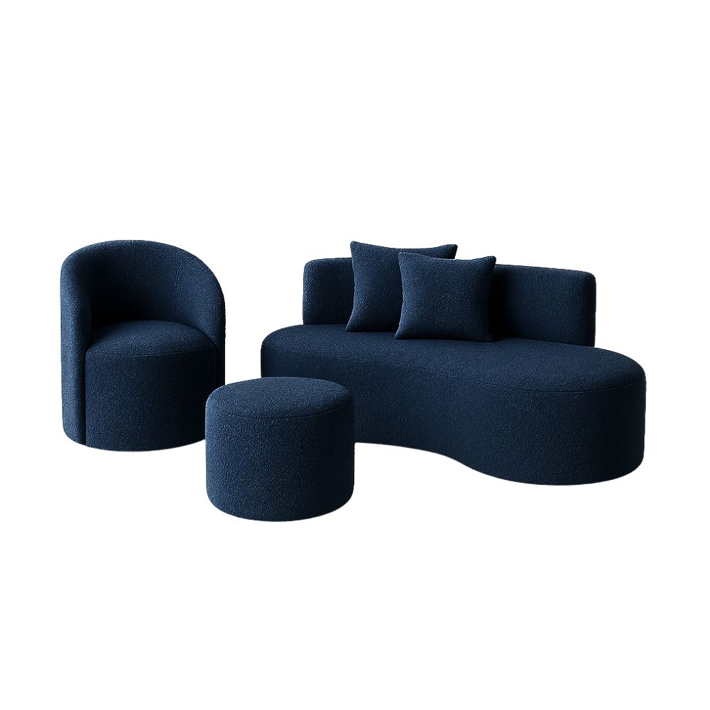 Conjunto 01 Poltrona + Sofá  e 1 Puff Curvo Orgânico Nature Gaia Boucle Azul Marinho - Montanaris Decor