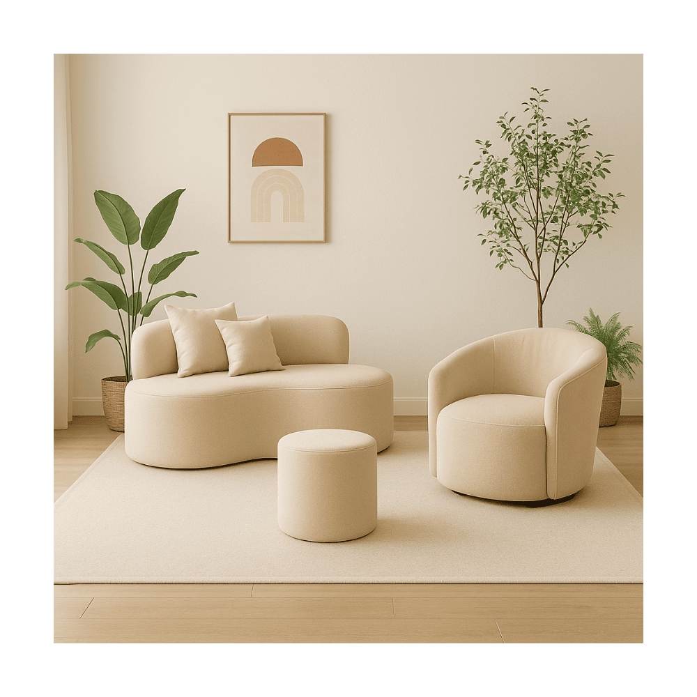 Conjunto 01 Poltrona + Sofá  e 1 Puff Curvo Orgânico Nature Gaia Boucle Bege - Montanaris Decor