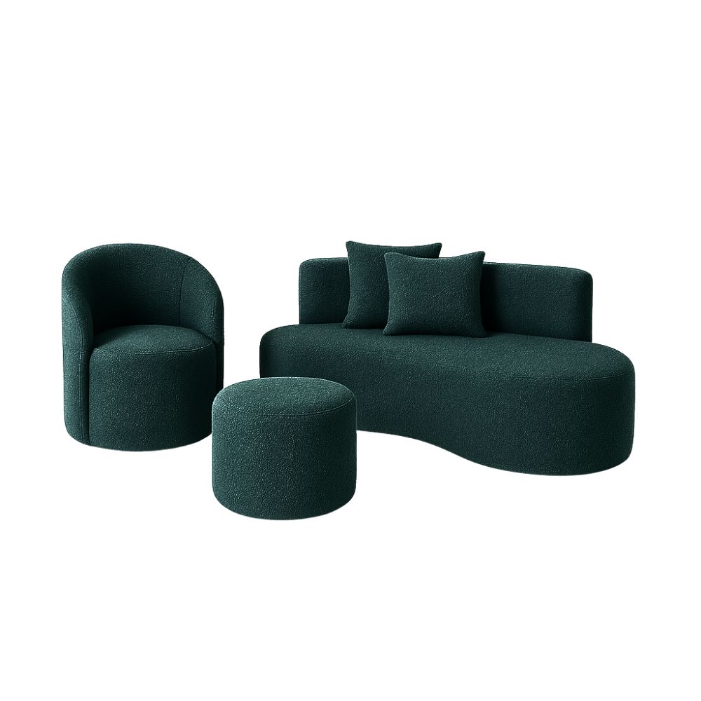 Conjunto 01 Poltrona + Sofá  e 1 Puff Curvo Orgânico Nature Gaia Boucle Verde - Montanaris Decor