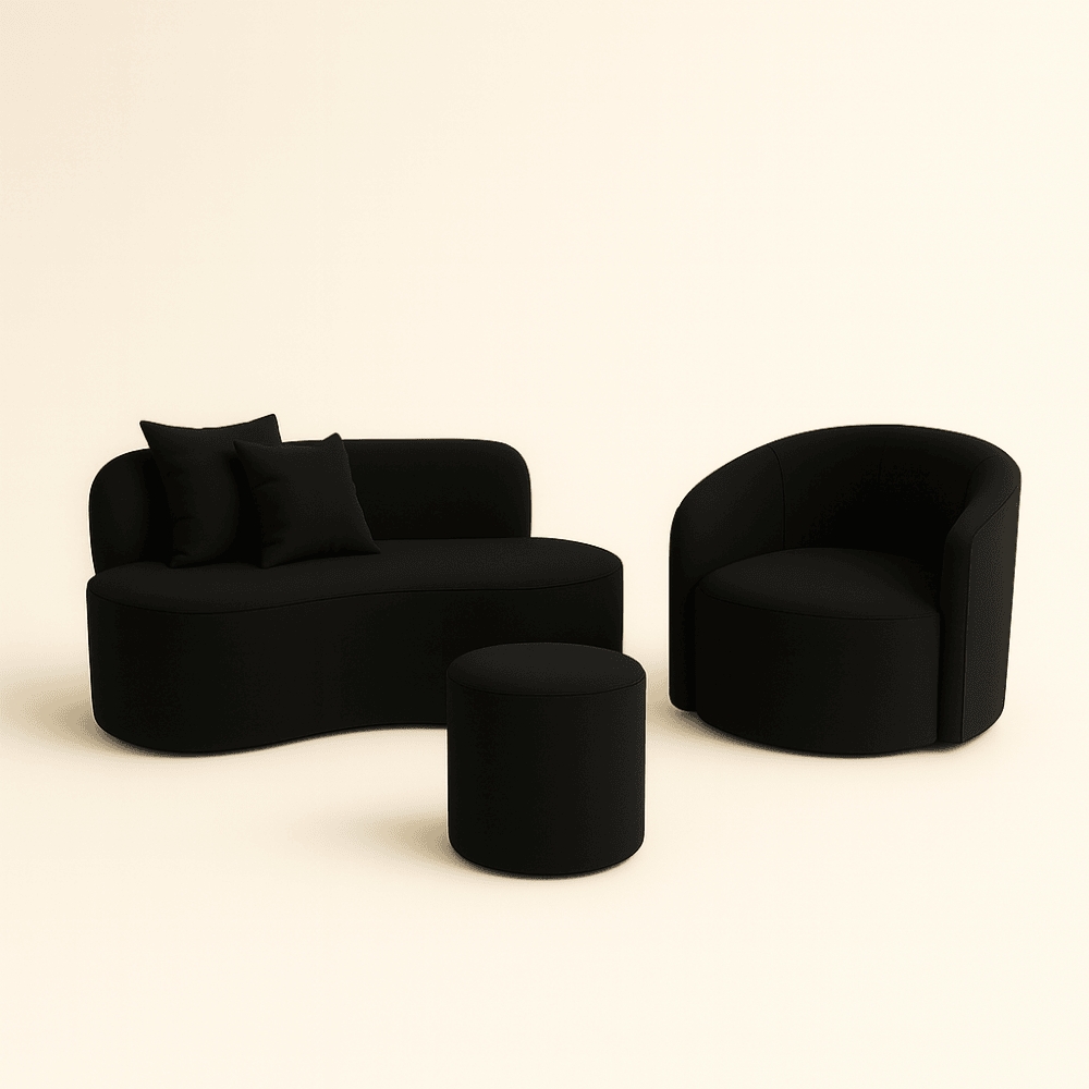 Conjunto 01 Poltrona + Sofá  e 1 Puff Curvo Orgânico Nature Gaia Sued Preto - Montanaris Decor