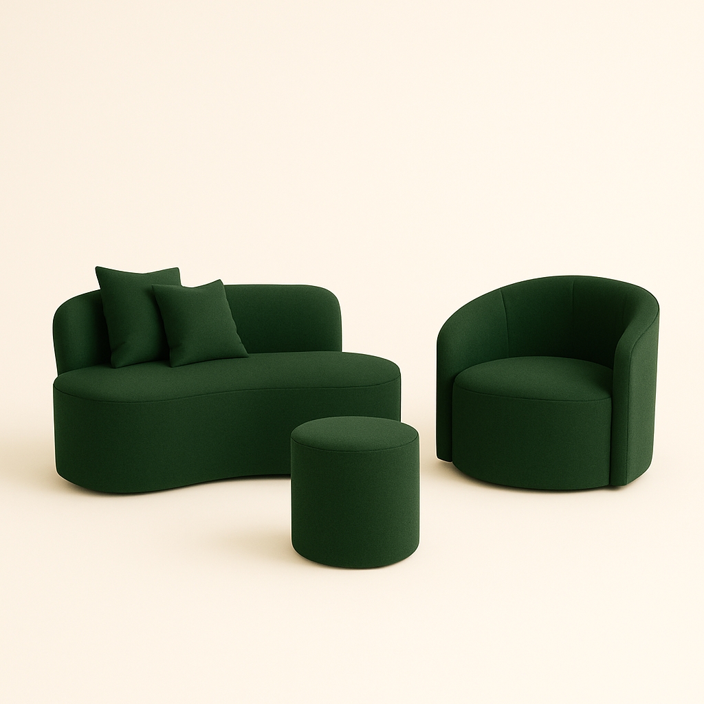 Conjunto 01 Poltrona + Sofá  e 1 Puff Curvo Orgânico Nature Gaia Sued Verde - Montanaris Decor