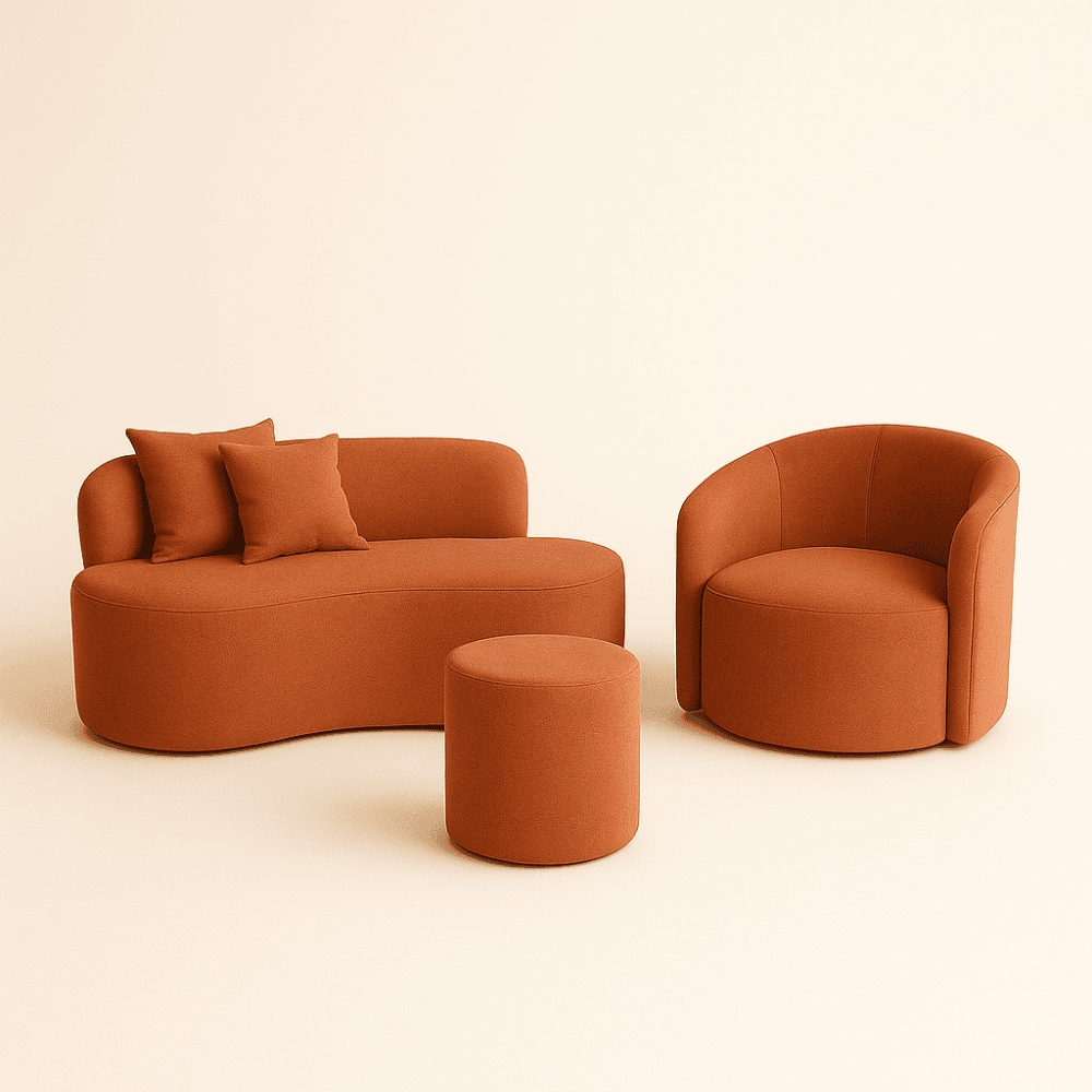 Conjunto 01 Poltrona + Sofá  e 1 Puff Curvo Orgânico Nature Gaia Suede Terracota  - Montanaris Decor