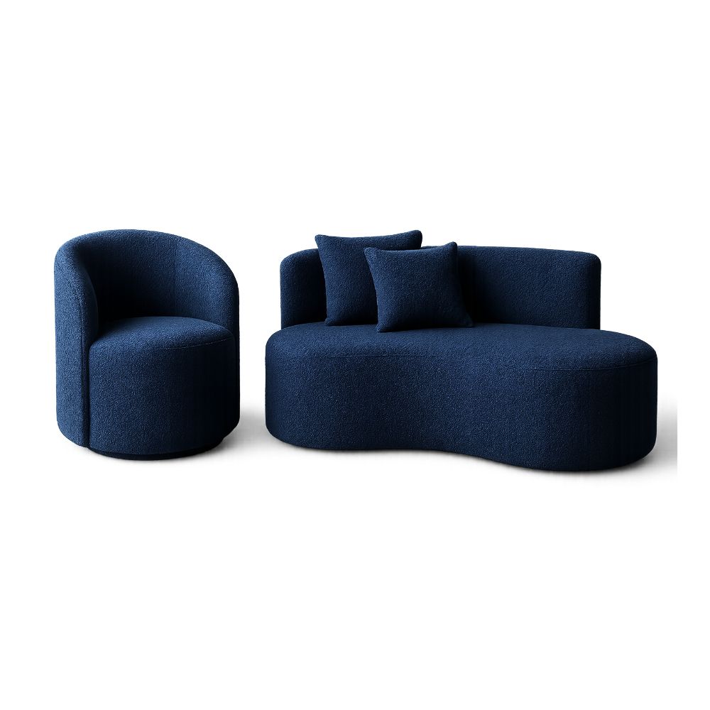 Conjunto 01 Poltrona + Sofá Curvo Orgânico Nature Gaia Boucle Azul Marinho - Montanaris Decor