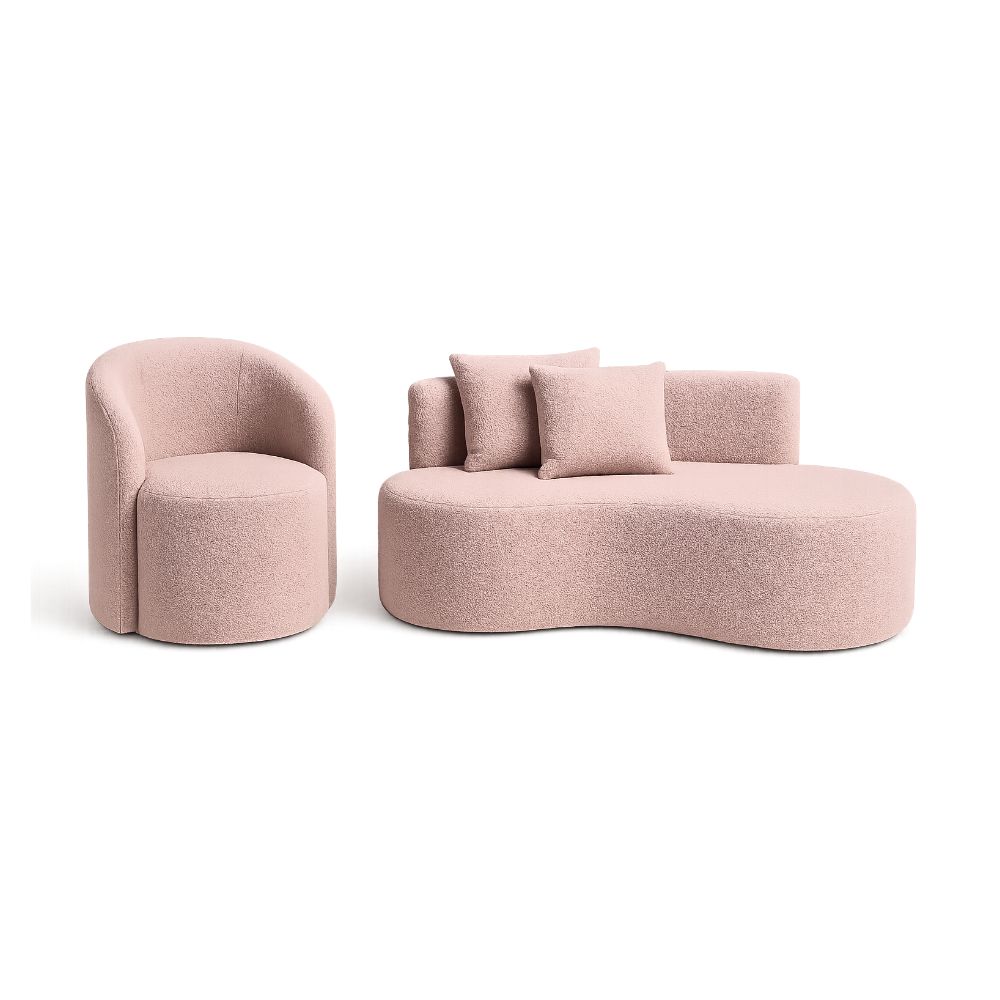 Conjunto 01 Poltrona + Sofá Curvo Orgânico Nature Gaia Boucle Rosê - Montanaris Decor