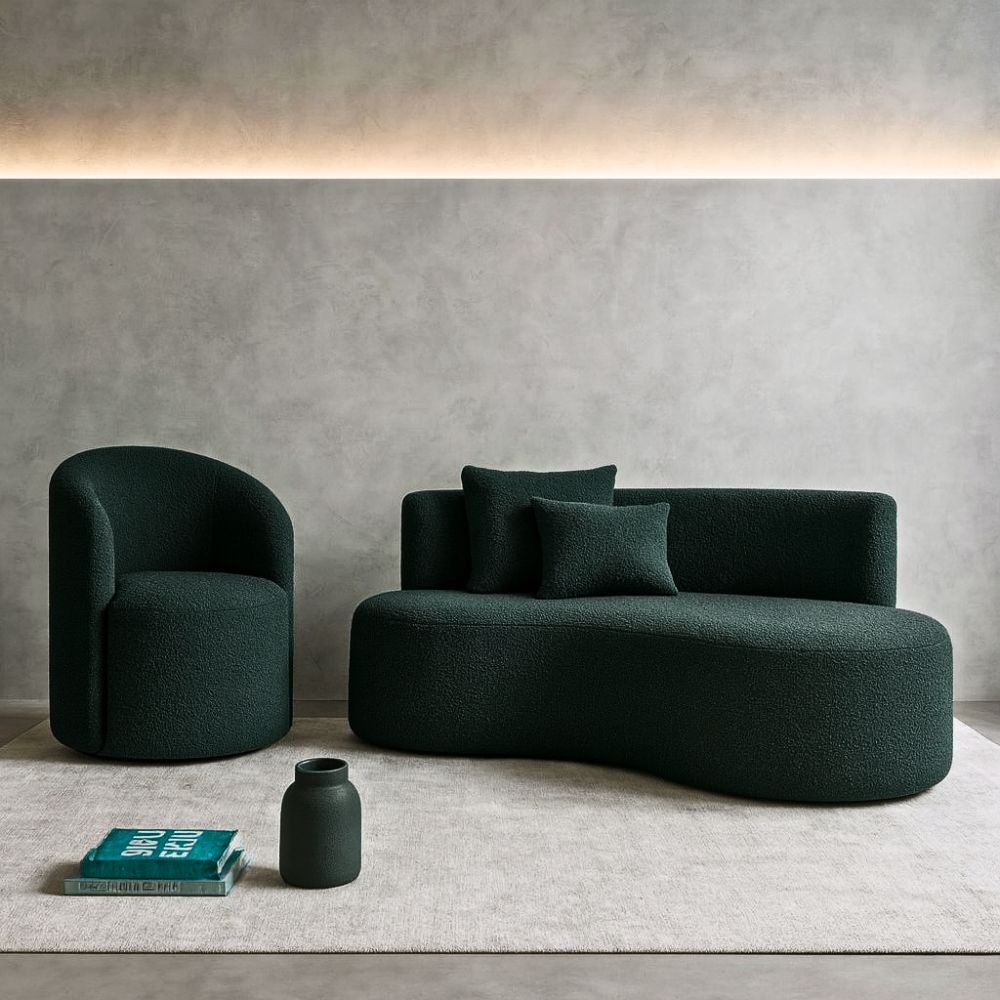 Conjunto 01 Poltrona + Sofá Curvo Orgânico Nature Gaia Boucle Verde - Montanaris Decor