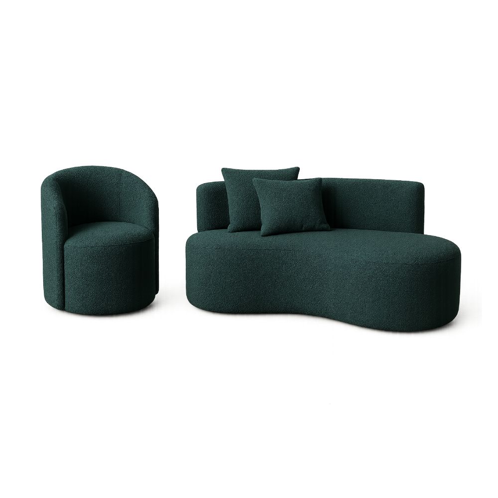 Conjunto 01 Poltrona + Sofá Curvo Orgânico Nature Gaia Boucle Verde - Montanaris Decor