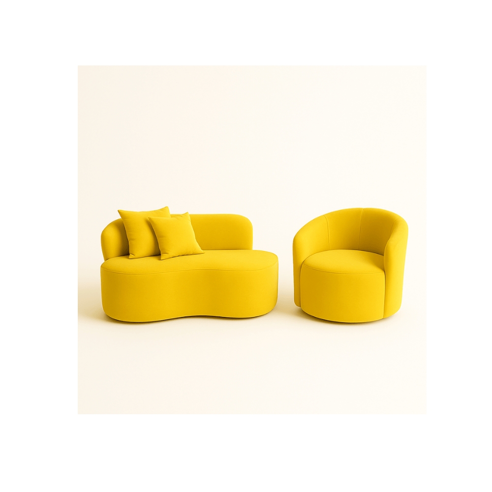 Conjunto 01 Poltrona + Sofá Curvo Orgânico Nature Gaia Suede Amarelo - Montanaris Decor