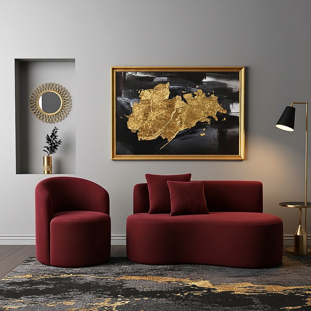 Conjunto 01 Poltrona + Sofá Curvo Orgânico Nature Gaia Suede Bordô - Montanaris Decor