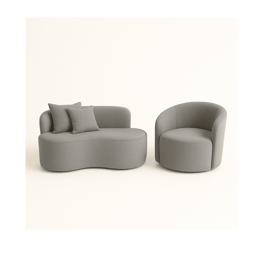 Conjunto 01 Poltrona + Sofá Curvo Orgânico Nature Gaia Suede Cinza - Montanaris Decor