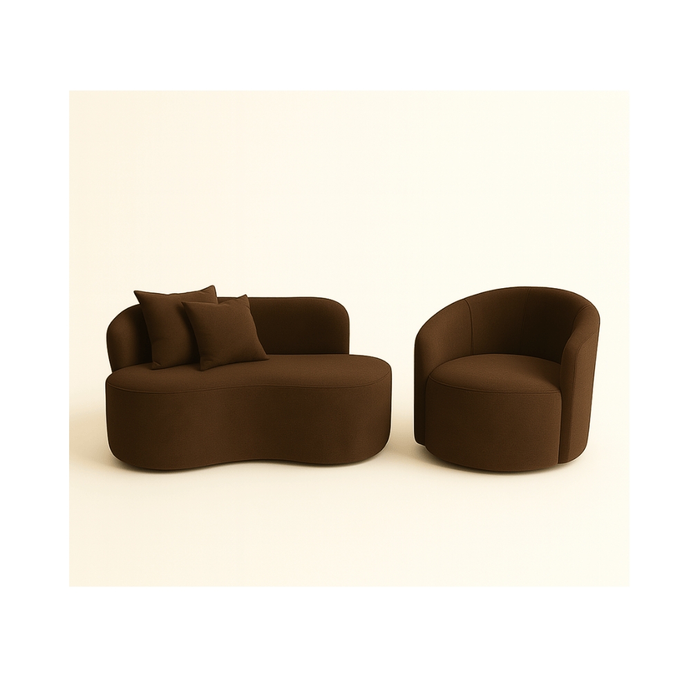 Conjunto 01 Poltrona + Sofá Curvo Orgânico Nature Gaia Suede Marrom  - Montanaris Decor