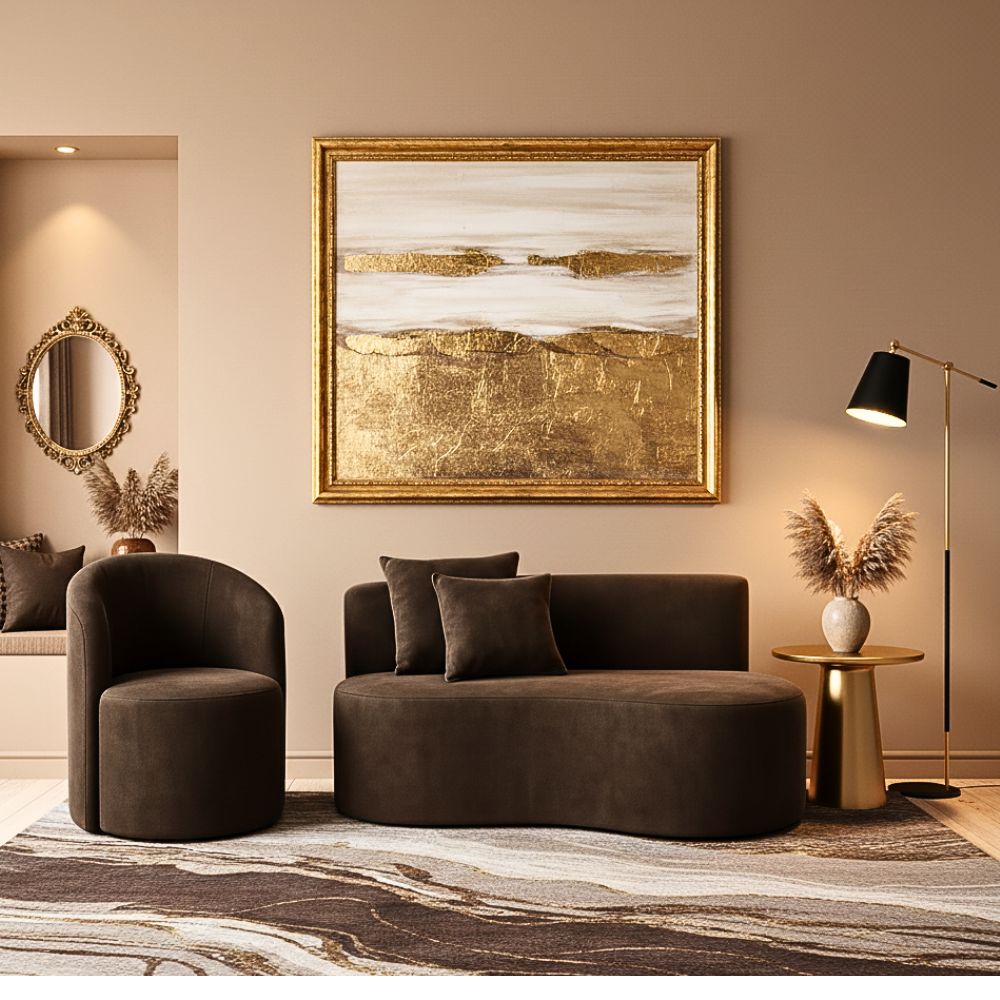 Conjunto 01 Poltrona + Sofá Curvo Orgânico Nature Gaia Suede Marrom  - Montanaris Decor