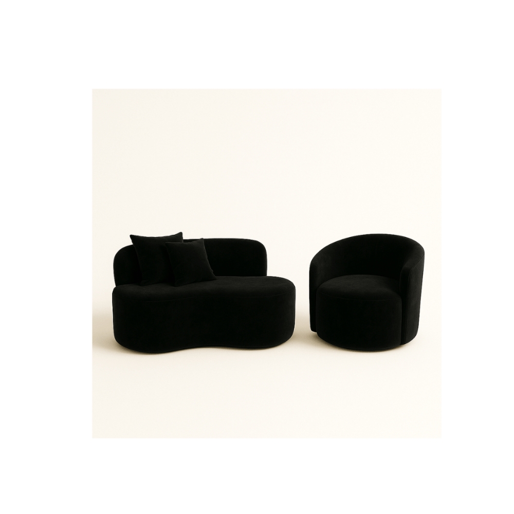 Conjunto 01 Poltrona + Sofá Curvo Orgânico Nature Gaia Suede Preto - Montanaris Decor