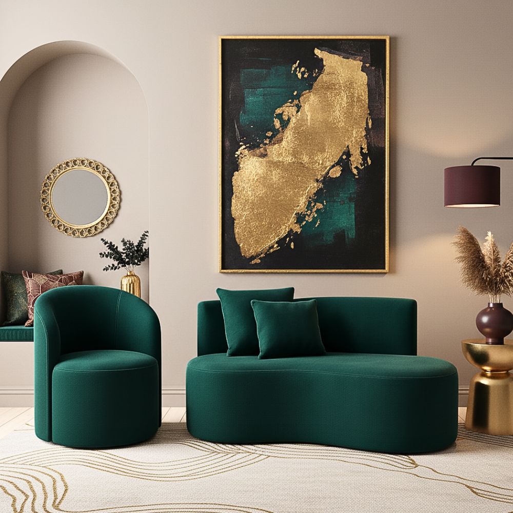 Conjunto 01 Poltrona + Sofá Curvo Orgânico Nature Gaia Suede Verde - Montanaris Decor